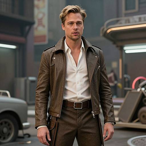 Photograph of a handsome man with blond hair in a black leather jacket, white shirt, and brown pants, standing on a city street with a blurred