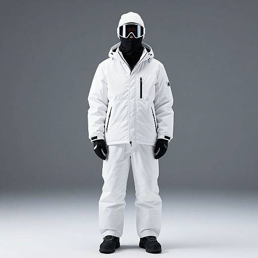 Photograph of a person in full white snowboarding gear, black gloves, and mask, standing against a gray gradient background.