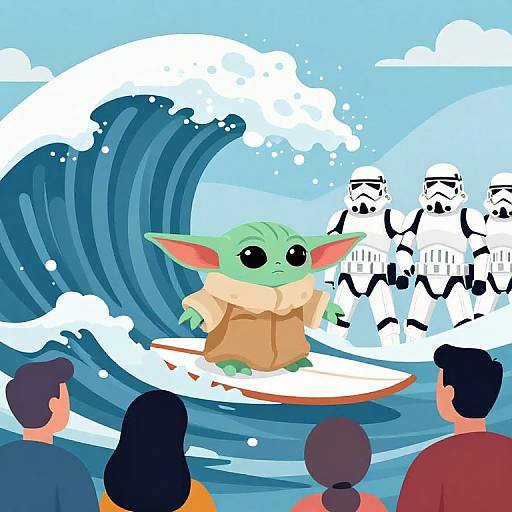 Baby Yoda Surfing Stormtrooper Wave