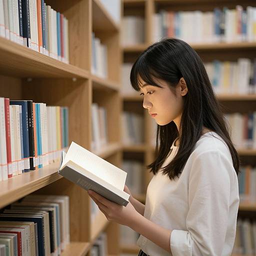 Photograph of an East Asian woman with long black hair, wearing a white blouse, reading a book in a library with wooden shelves filled with colorful books