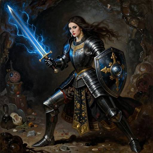 Digital fantasy artwork of a fierce female warrior with glowing blue sword, armored in black and gold, holding shield, in a dark, cluttered cave.