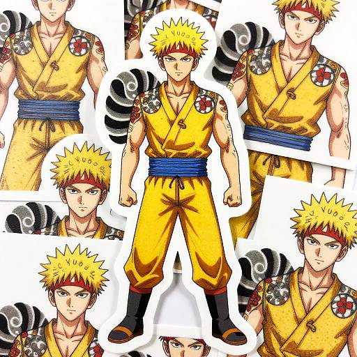 Digital artwork of multiple angles of Naruto, a muscular, yellow-shirted anime character with spiky blonde hair, blue belt, and black gloves.