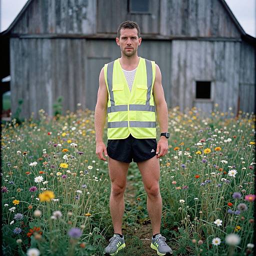 Man Running in Wildflower Fields