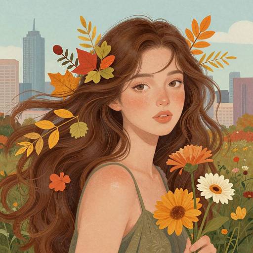 Digital painting of a fair-skinned, brown-haired woman with autumn leaves in her hair, holding sunflowers in a city field.