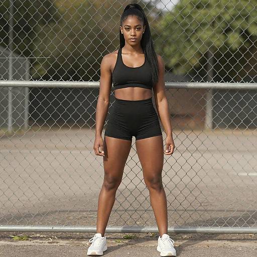 Confident Fit Woman by Chain-Link Fence