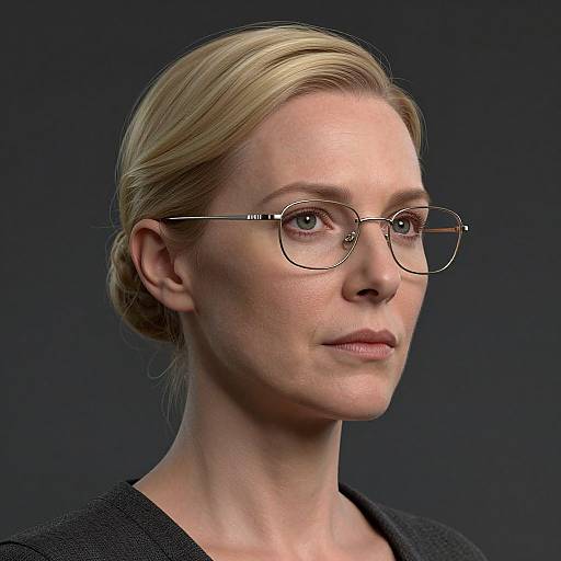 Photograph of a fair-skinned woman with blonde hair in a simple bun, wearing thin-rimmed glasses and a black top, against a dark