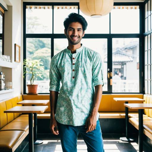Smiling Indian Man in Bright Kurta in Cafe