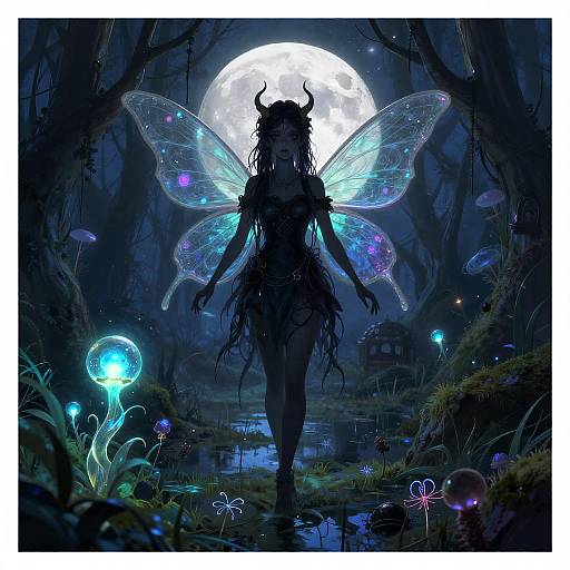 Digital fantasy art: Silhouetted fairy with glowing blue wings, horns, and leafy dress, standing in a mystical forest under a full moon