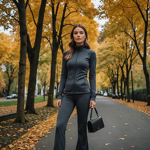 Woman in Flared Athleisure Outfit in Autumn Park