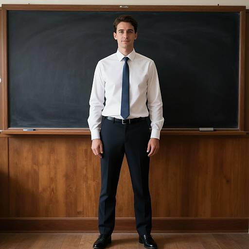 Photograph of a young man with short dark hair, wearing a white shirt, black tie, and black pants, standing in front of a blackboard