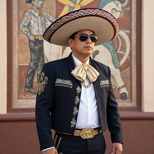 Photograph of a man in a traditional Mexican charro suit with a large sombrero, black jacket, white shirt, and gold belt, standing in