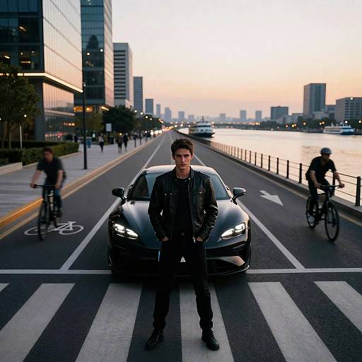 Cybernetic Noir Riverfront Stare at Sunset