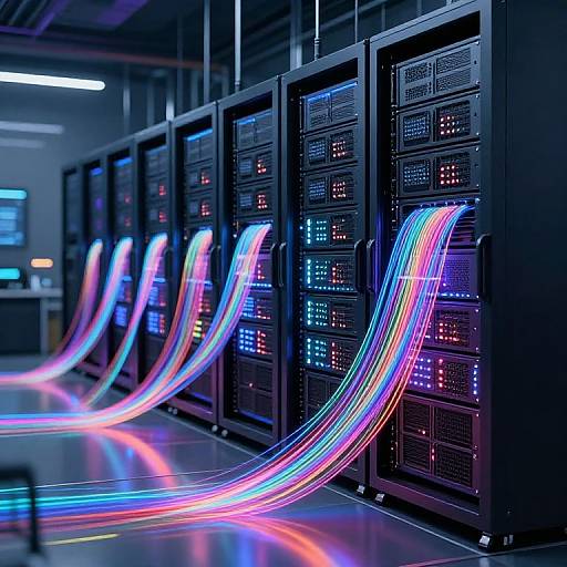 Photograph of a dark data center with rows of black server racks emitting vibrant, multicolored light trails in blue, pink, and green.