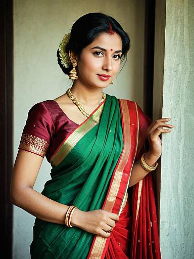 Anusha in Green and Crimson Saree