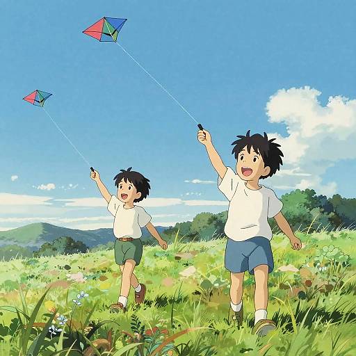 Digital anime-style illustration of two excited boys flying colorful kites in a bright, sunny meadow with blue sky and green grass.