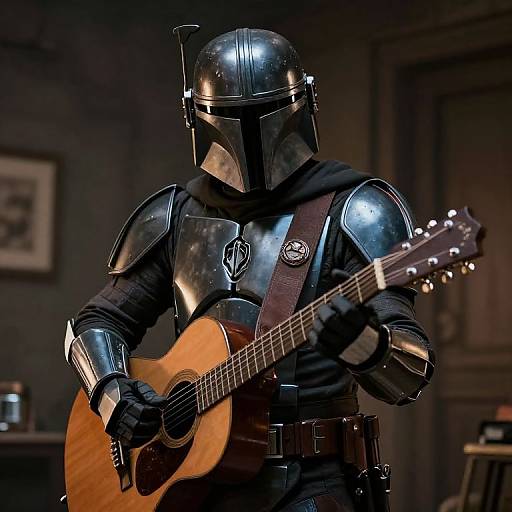 Photograph of a dark armored Mandalorian playing an acoustic guitar in a dimly lit, vintage room with framed pictures on the wall.