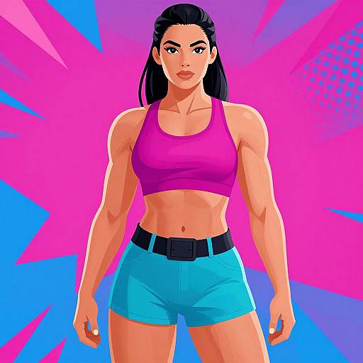 Digital illustration of a muscular, tan-skinned woman with black hair in a pink sports bra and blue shorts, standing against a vibrant pink and blue star