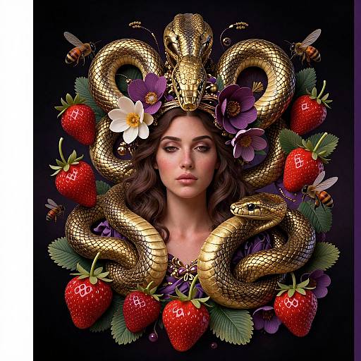 Digital artwork: Serpentine golden snakes encircle a serene woman with dark hair, flowers, and strawberries, surrounded by bees, against a black background