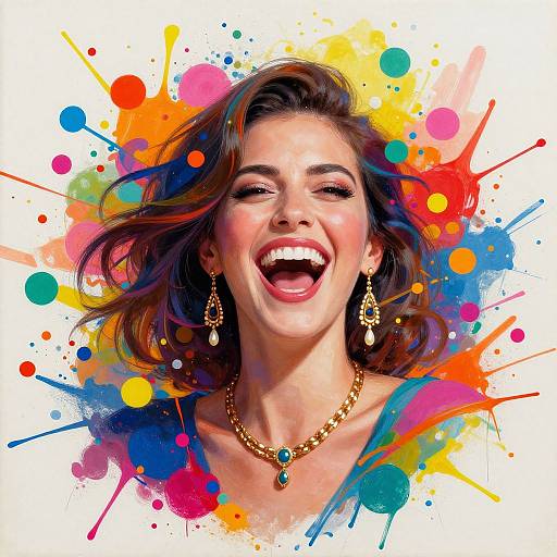 Digital portrait of a smiling woman with brown hair, colorful paint splatters background, wearing gold earrings, necklace, and blue top.