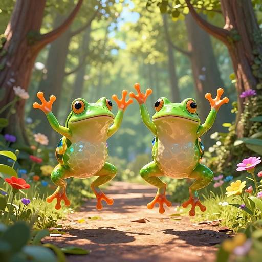 CGI image of two vibrant green frogs with orange toes and eyes, jumping and waving on a sunlit forest path surrounded by colorful flowers and tall trees