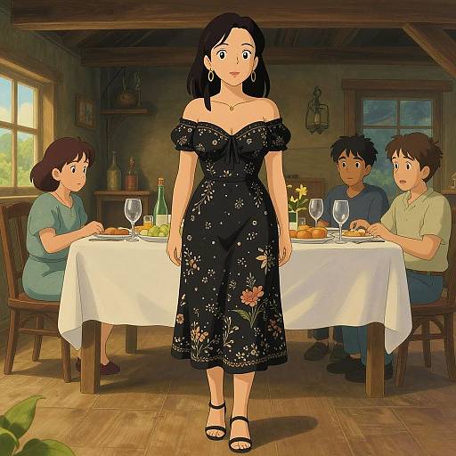 Anime-style drawing: A black-haired woman in a floral off-shoulder dress stands in a wooden dining room, facing four seated family members with wine