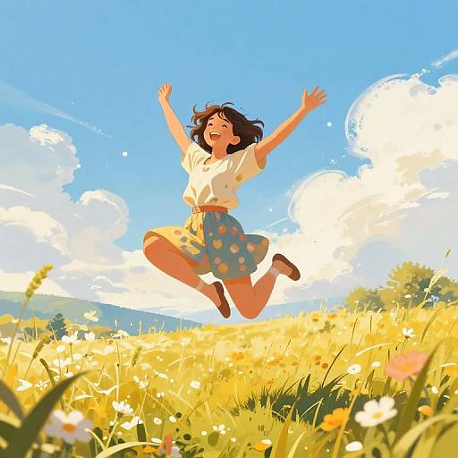 Digital illustration of a joyful, dark-haired girl with arms raised, jumping in a sunlit, flower-filled meadow under a bright blue sky with fluffy