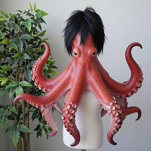 Photograph of a mannequin head with a realistic red octopus tentacles and black hair, set against a white background and green potted plant