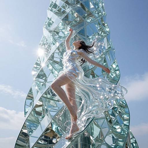 Photograph of a woman in a flowing white dress, dancing against a towering, crystalline glass building under a bright blue sky.