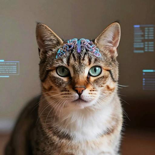 Photograph of a tabby cat with green eyes, wearing a blue circuit pattern headband, against a blurred background with software interface elements.