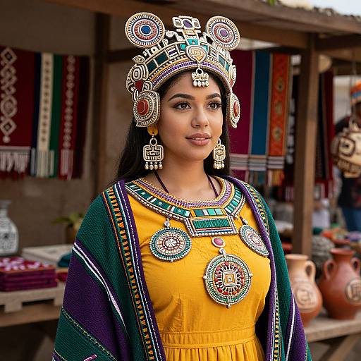 Photograph of a South Asian woman in vibrant traditional attire, adorned with elaborate jewelry and headpiece, standing in a colorful market stall.