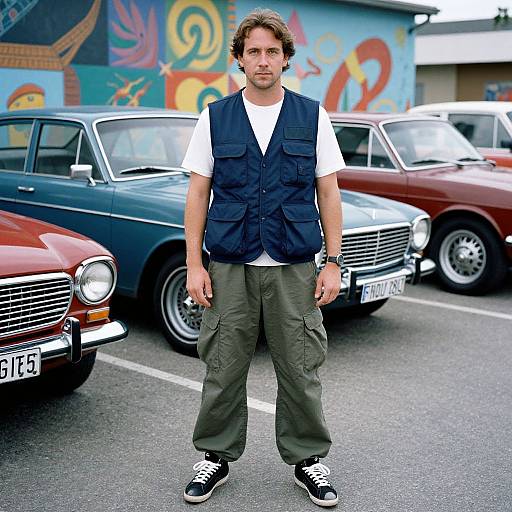 Photograph of a man with curly hair in a white shirt, navy vest, and green cargo pants, standing in front of vintage cars with colorful graffiti