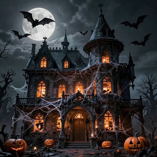 Spooky Halloween night photograph: Haunted Gothic mansion with glowing orange windows, web-covered facade, jack-o'-lanterns, bats, and full