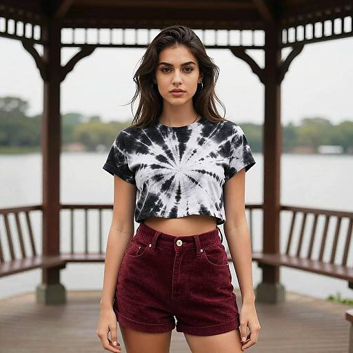 Woman in Tie-Dye Crop Top and Burgundy Shorts by Lake Gazebo