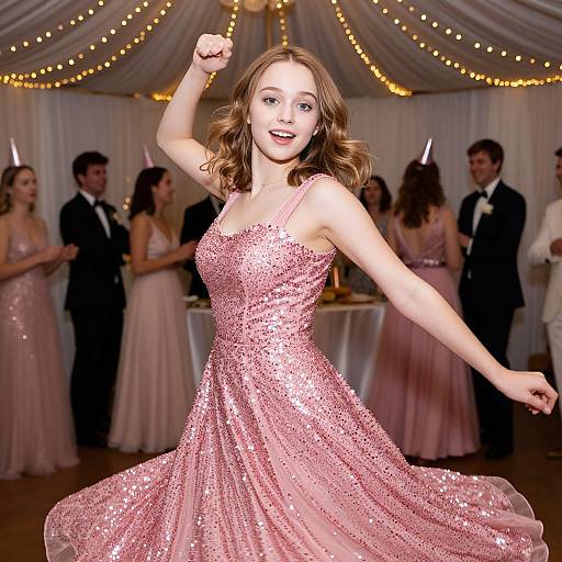 Photograph of a young woman in a sparkling pink sequin dress, dancing at a glamorous party with string lights and guests in pink and black formal attire