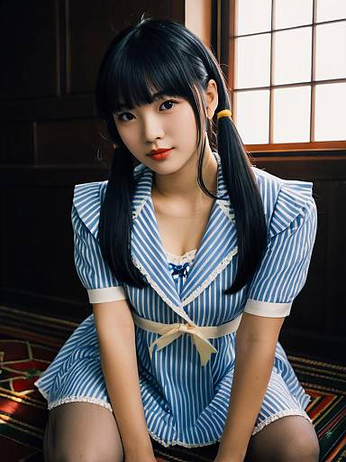 Photograph of an Asian woman with black pigtails, wearing a blue-striped, short-sleeve dress with a white bow, sitting indoors in