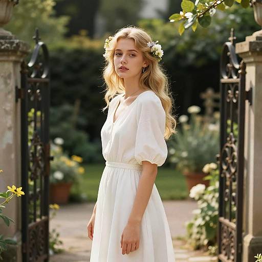 Photograph of a young blonde woman with wavy hair, wearing a white, sheer dress, and flower crown, standing in a sunlit garden through