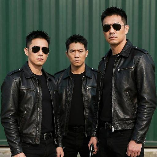 Three Men in Leather Jackets and Sunglasses