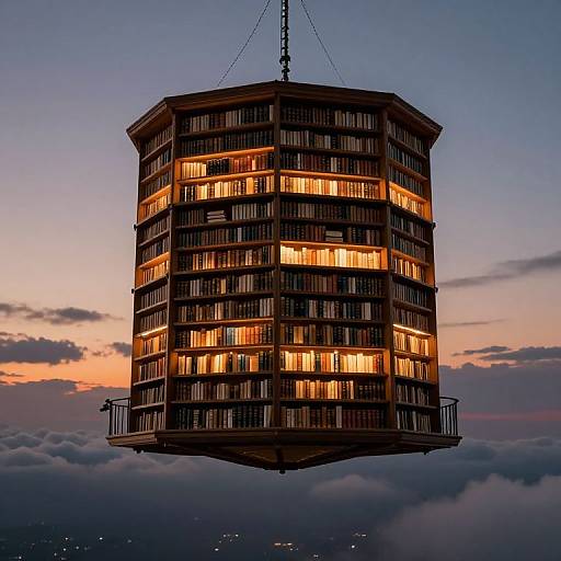 Photograph of a glowing, multi-story, octagonal building with illuminated windows suspended by chains against a twilight sky with clouds.