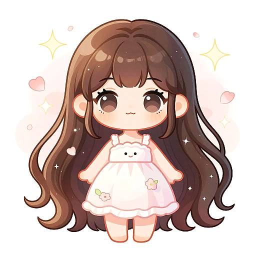 Chibi-style digital drawing of a cute, brown-haired girl with large eyes, wearing a white dress with a bunny print, standing against a white background