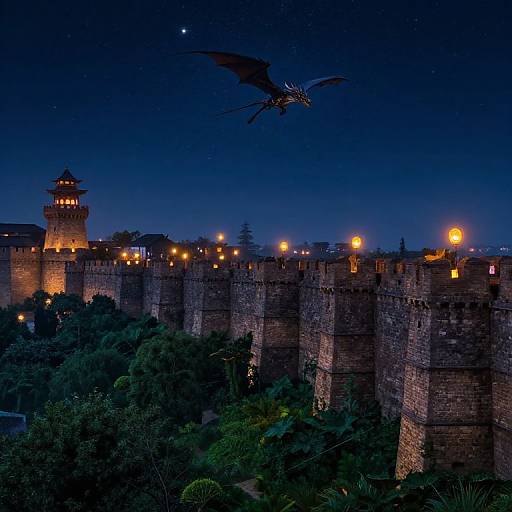 Nighttime photograph of a medieval stone castle with illuminated towers, surrounded by dark greenery, and a bat flying under a starry sky.