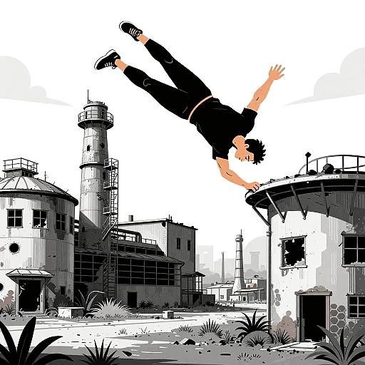 Digital illustration of a black-clad teenager performing a mid-air flip above a dilapidated industrial building with tall smokestacks and overgrown plants.