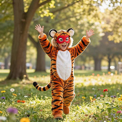 Photograph of a child in a vibrant tiger costume with red mask, arms raised, standing in a sunlit, colorful park.