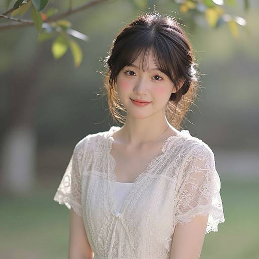 Photograph of a young East Asian woman with fair skin, black hair in a loose bun, wearing a white lace dress, standing outdoors in sunlight,