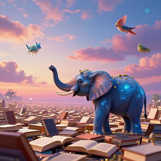 Digital illustration of a glittery blue elephant with gold jewels, reaching for a flying green dragon amidst an open book field at sunset, with two birds in