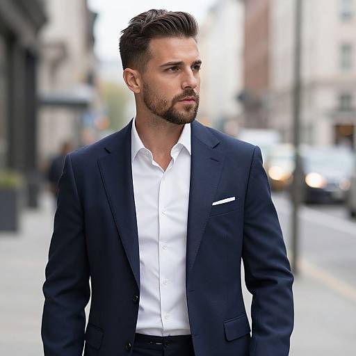 Photograph of a handsome, bearded man in a dark navy suit, white shirt, and pocket square, standing on a city street with blurred urban