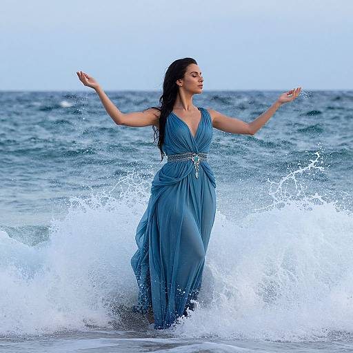 Photograph of a brunette woman in a flowing blue dress, arms outstretched, standing in ocean waves, with a clear sky background.