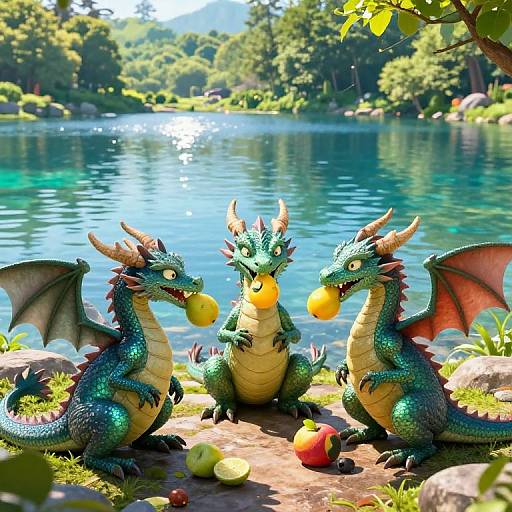 Photograph of three green, scaly dragons with red wings and horns, sitting by a sunny lake, each holding a yellow apple. Forest and blue
