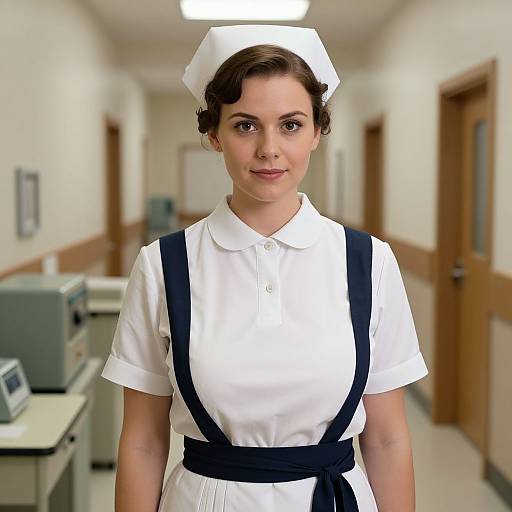 Photograph of a young white woman in a white nurse uniform with black apron and cap, standing in a brightly lit hospital hallway.