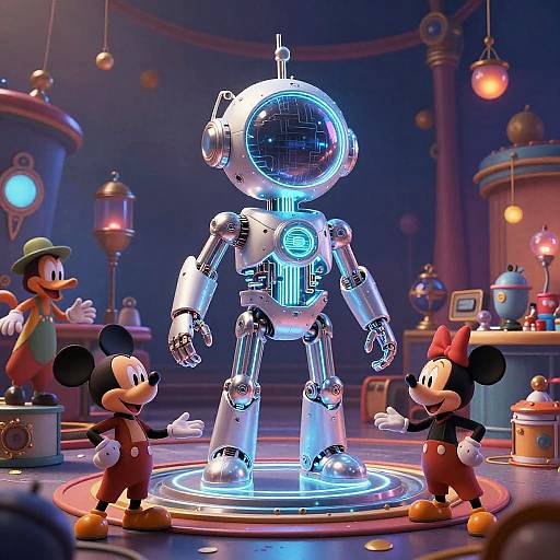 CGI image of Mickey Mouse and Minnie Mouse standing before a glowing, futuristic robot with a mirror-ball head in a brightly lit, sci-fi themed