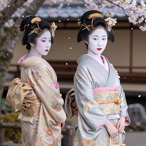 Traditional Geisha in Cherry Blossom Garden